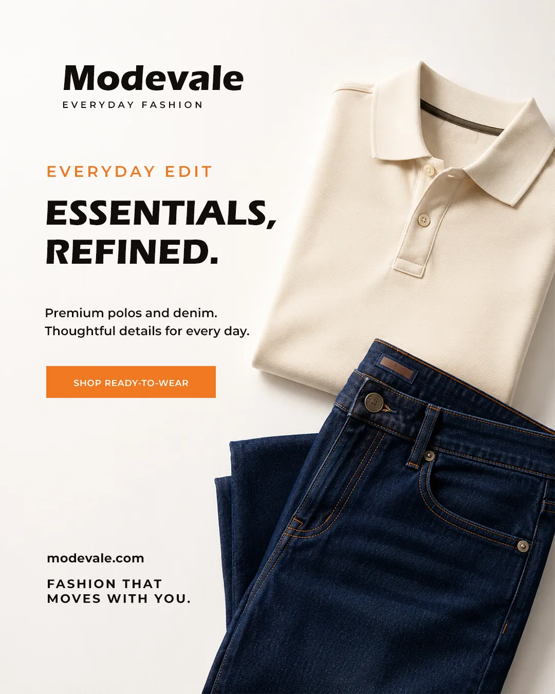 Modevale campaign design featuring polo and denim apparel
